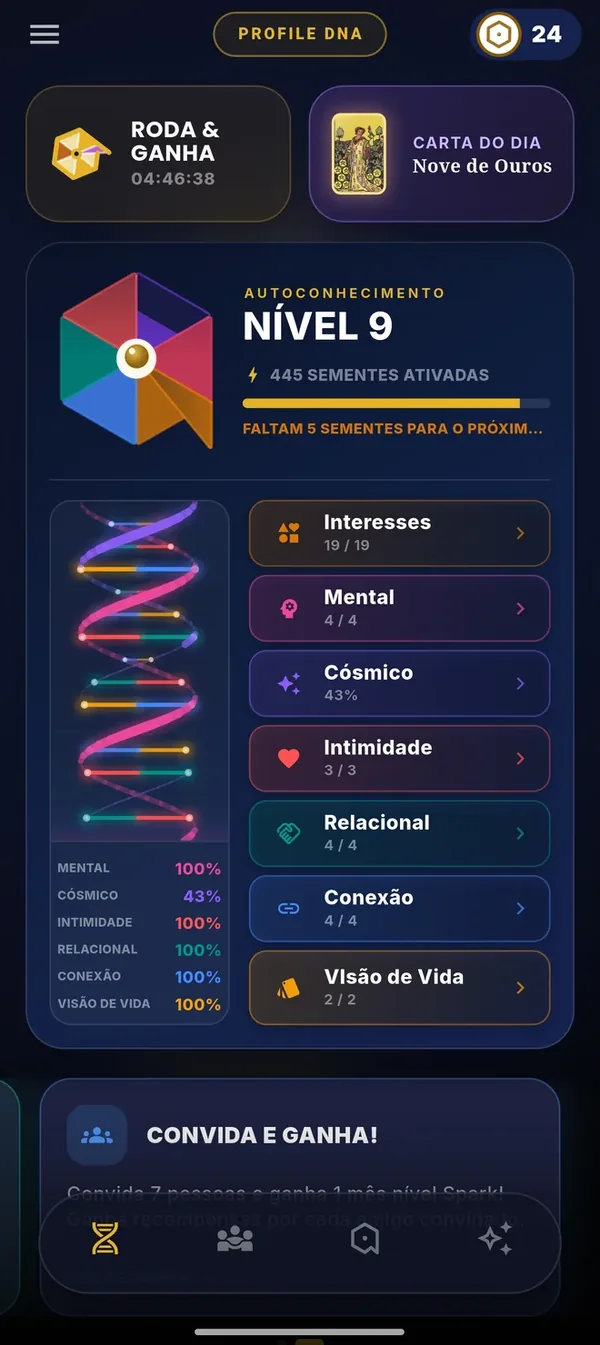 Agapone home screen with the self-knowledge level and the 7 profile areas