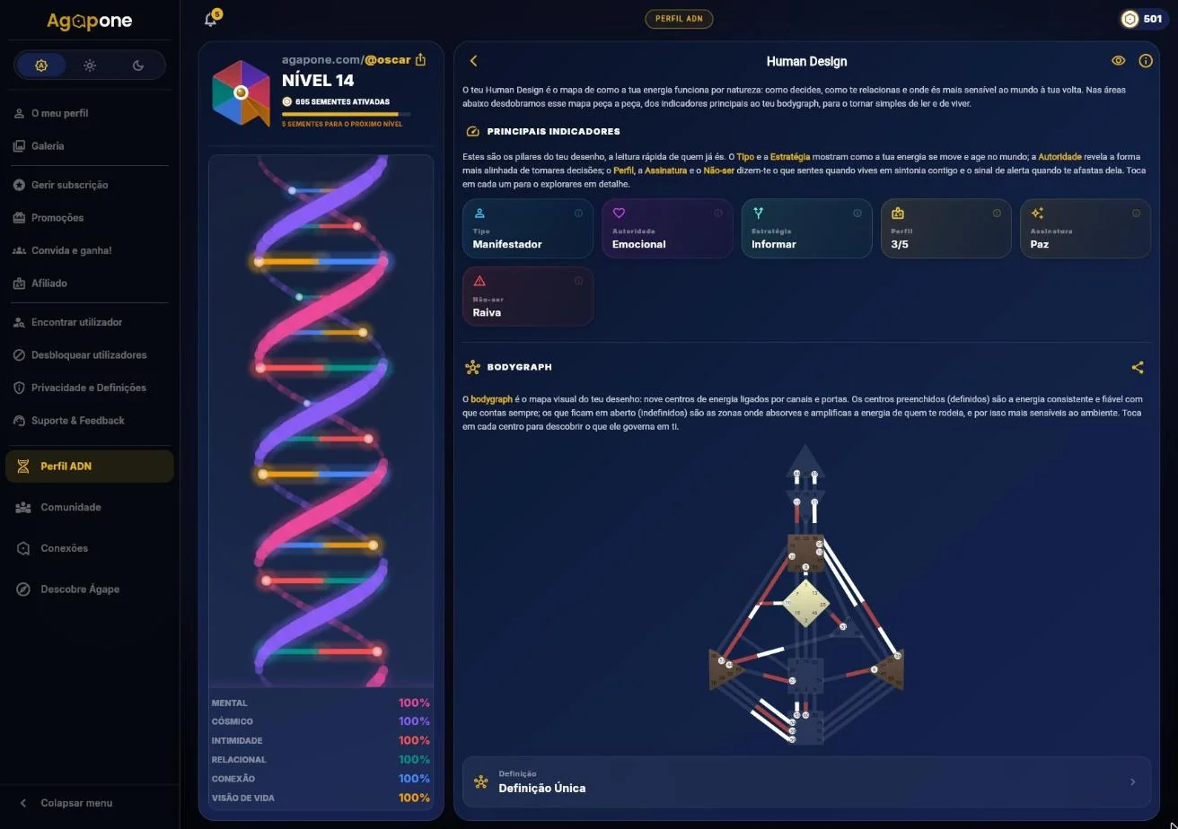 Human Design in the Agapone web version, with the main indicators and the bodygraph