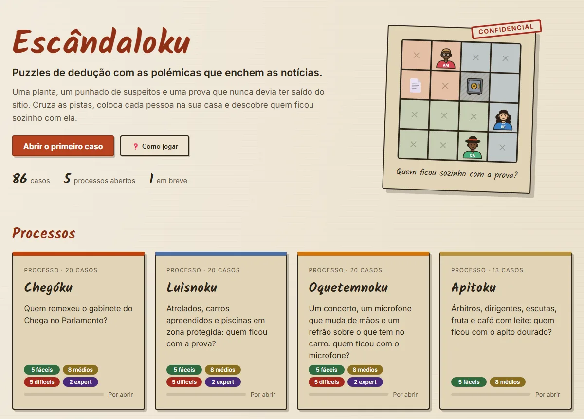 Escândaloku home page with the available case files