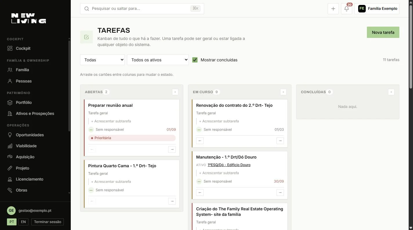 Quadro kanban de tarefas do New Living